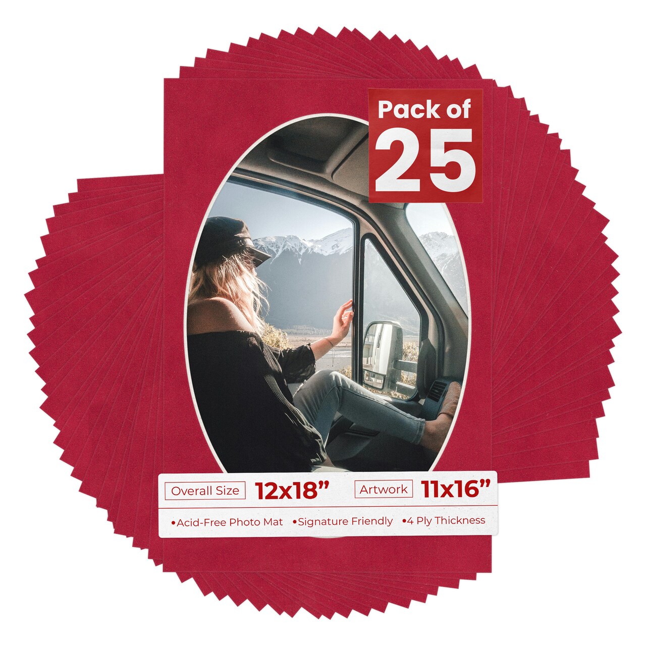 Red Suede Mat Board for 12x18 Frames - Oval Opening for 11x16 Photos